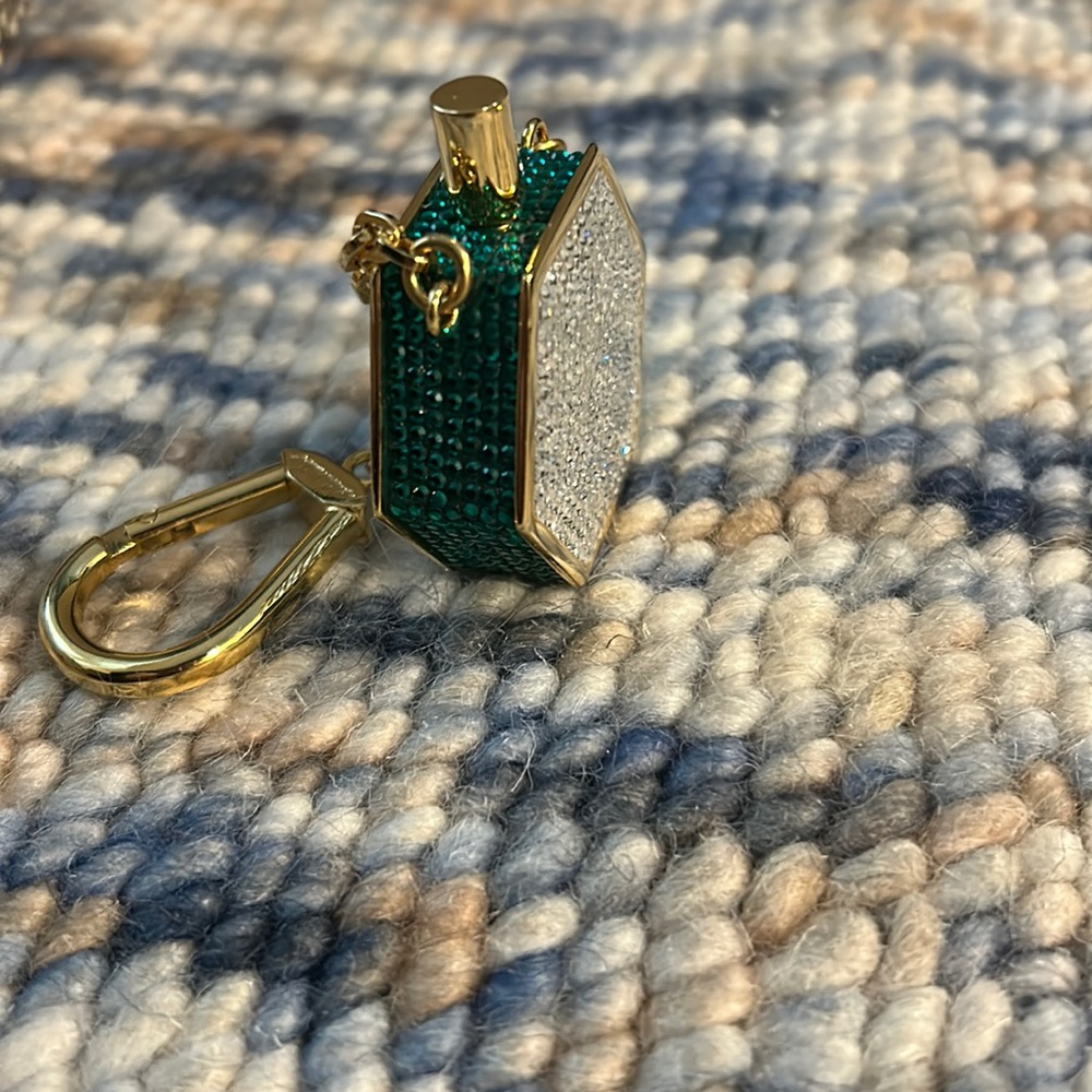 Judith Leiber crystal and gold perfume bottle key chain